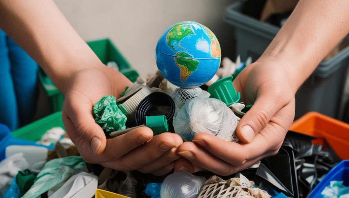 Hands holding a small globe above sorted waste